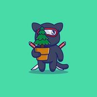 simpatico gatto ninja che porta una pianta vettore