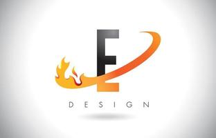 logo della lettera e con design di fiamme di fuoco e swoosh arancione. vettore