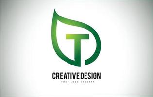 t foglia logo lettera design con contorno foglia verde vettore