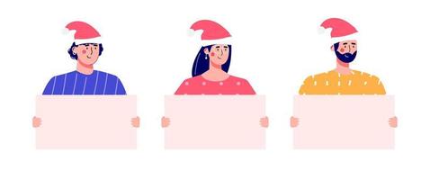 banner con persone con persone che tengono cartello vuoto per la vendita di natale. uomini e donne . illustrazione vettoriale in stile cartone animato alla moda. vettore per pubblicità, coupon o voucher