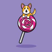 simpatico cane corgi su lecca-lecca caramelle cartone animato icona vettore illustrazione