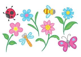 disegno carino cartone animato di insetti e fiori, vettore