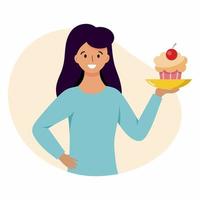 nessun giorno di dieta una donna tiene in mano un piatto di cupcake. vettore