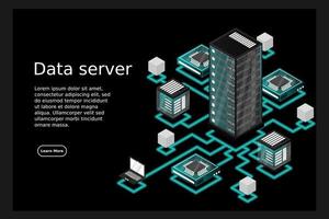 concetto di gestione della rete dati .mappa isometrica vettoriale con computer e dispositivi di server di rete aziendale