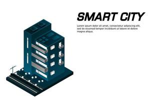 smart city o concetto di vettore isometrico edificio intelligente. moderne infrastrutture urbane per la pianificazione e lo sviluppo di smart city