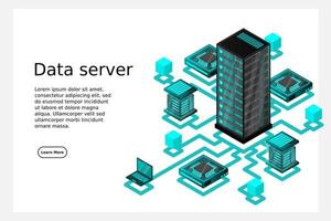 concetto di gestione della rete dati .mappa isometrica vettoriale con computer e dispositivi di server di rete aziendale