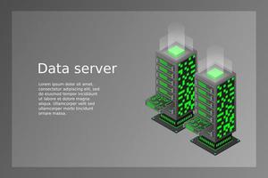 illustrazione vettoriale isometrica del data center. server di hosting 3d astratto o sfondo della stanza del data center