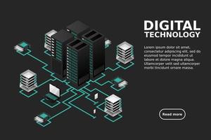 concetto di gestione della rete dati .mappa isometrica vettoriale con computer e dispositivi di server di rete aziendale