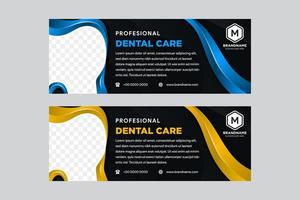 intestazione di cure odontoiatriche, design banner. bandiera orizzontale. sfondo astratto moderno. forma dentale per lo spazio fotografico. colori blu, oro e nero. vettore