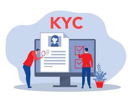 kyc o conosci il tuo cliente con gli affari verificando l'identità del suo concetto di clienti presso i futuri partner attraverso un illustratore vettoriale di lente di ingrandimento
