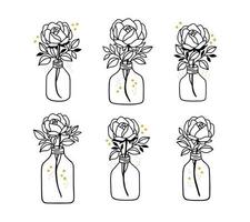 set di fiori di rosa disegnati a mano vintage e linee di vasi per il marchio femminile e il logo del prodotto di bellezza vettore