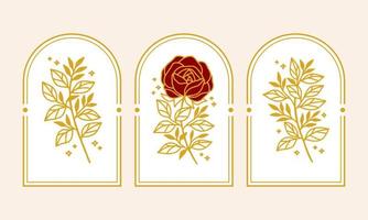 set di elementi del logo femminile e di bellezza del fiore di rosa vintage disegnati a mano vettore