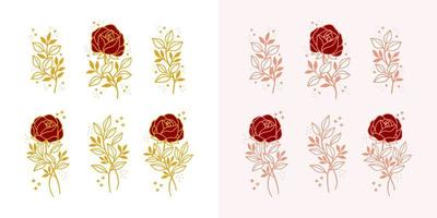 set di peonia vintage disegnata a mano, fiore di rosa ed elementi di logo femminile di ramo di foglie floreali vettore