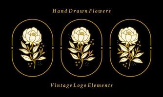 set di fiori di peonia vintage disegnati a mano femminili e elementi di logo di bellezza vettore