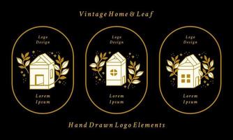 set di casa lineare vintage disegnata a mano e elementi logo ramo floreale foglia con cornice vettore