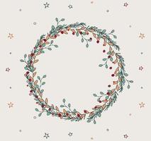 elegante corona rotonda di Natale per la decorazione dell'invito alla festa. modello di cerchio per la progettazione di biglietti di auguri con foglie. vettore