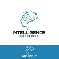 icona del logo di intelligenza artificiale. Il cervello collega la linea dinamica e il simbolo del punto con la testa umana. apprendimento automatico, cervello digitale e concetto di processo di pensiero. illustrazione vettoriale