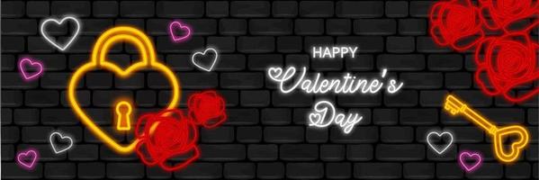 banner di san valentino con elementi al neon su sfondo nero muro vettore