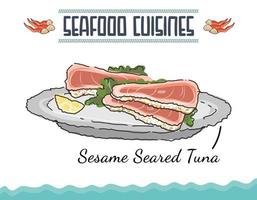 katsuo, sashimi di bonito scottato, tonnetto striato, sashimi alla piastra, melodia giapponese della pinna blu, delizioso cibo giapponese, pesce fresco, piatto di cucina di mare. illustrazione vettoriale isolata minimamente colorata