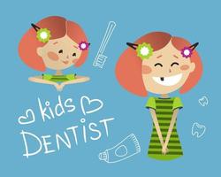 bambina carina con un dente mancante. visita odontoiatrica. illustrazione vettoriale per l'odontoiatria pediatrica