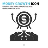 vettore dell'icona di crescita dei soldi con stile glifo isolato su priorità bassa bianca. illustrazione vettoriale segno crescente simbolo icona concetto per affari, finanza, industria, azienda, web, app e progetto