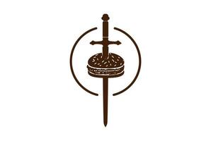 hamburger retrò hipster con lama di spada per il design del logo del bar ristorante bistrot vector