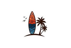 spiaggia con tavola da surf, surf in mare con motivo hawaiano tribale e logo vettoriale di palma
