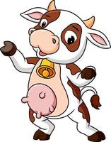 la mucca con la campana al collo sta ballando con la faccia felice vettore