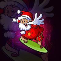 la clausola di babbo natale sta cavalcando una tavola da surf esport mascot design vettore