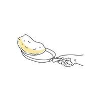 padella con un pancake, scarabocchiare il disegno di contorno del processo di trasformare un pancake in una padella vettore