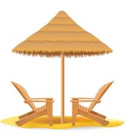 beach chair lounger sdraio in legno e ombrello fatta di paglia e canna illustrazione vettoriale