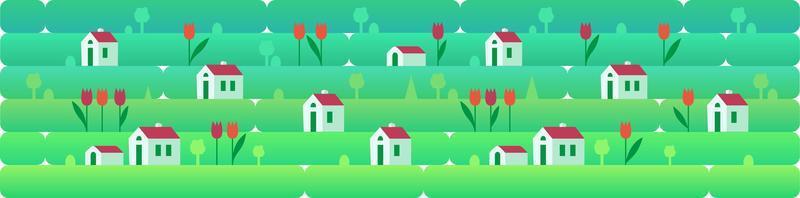 banner un paesaggio sammer o primaverile con piccole case e tulipani rossi, su uno sfondo di erba, natura, colline. illustrazione vettoriale in stile piatto per design, giochi o siti web