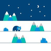 paesaggio nordico della neve di inverno con il cielo stellato di notte. montagne o colline, cime innevate, derive e orso polare. design per cartolina, sito. illustrazione di cartone animato vettoriale piatta, geometrica e minimalista