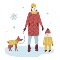 mamma e bambino in una passeggiata invernale in capispalla alla moda che camminano nel parco con un cane. portare a spasso l'animale in inverno. illustrazione vettoriale in stile piatto