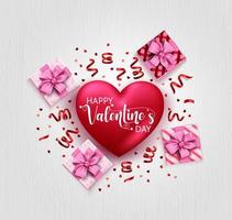 concetto di sfondo vettoriale di San Valentino. testo di buon San Valentino nell'elemento cuore con scatole regalo e coriandoli per il design della celebrazione di San Valentino. illustrazione vettoriale