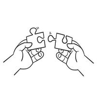 disegno a mano delle mani che risolvono l'illustrazione del puzzle in stile scarabocchio vettore
