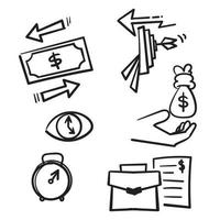 set vettoriale disegnato a mano di icone lineari relative alla gestione finanziaria, al servizio commerciale e alla strategia di investimento in doodle