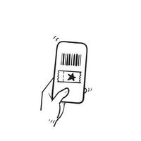 scarabocchio disegnato a mano mano che tiene biglietto digitale sull'illustrazione dello smartphone isolata vettore