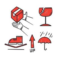 icona dell'illustrazione del simbolo del pacchetto fragile disegnato a mano in doodle vettore