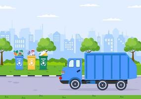 riciclo ecologia processo piatto illustrazione sfondo con rifiuti organici, carta o plastica prelevati su un camion e portati a bruciare vettore