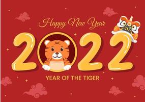 felice anno nuovo cinese 2022 con zodiaco carino tigre e fiore su sfondo rosso per biglietto di auguri, calendario o poster in design piatto illustrazione vettore