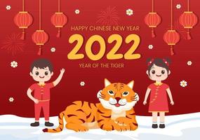 felice anno nuovo cinese 2022 con zodiaco carino tigre e bambini su sfondo rosso per biglietto di auguri, calendario o poster in design piatto illustrazione vettore