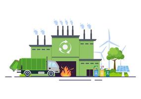 riciclo ecologia processo piatto illustrazione sfondo con rifiuti organici, carta o plastica prelevati su un camion e portati a bruciare vettore
