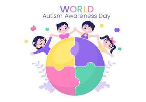 giornata mondiale della sensibilizzazione sull'autismo con simpatici personaggi bambini e una mano di pezzi di puzzle adatti per biglietti di auguri, poster o striscioni in design piatto illustrazione vettore