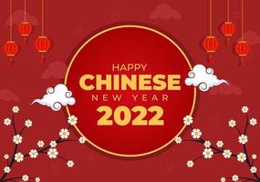 felice anno nuovo cinese 2022 con zodiaco carino tigre e fiore su sfondo rosso per biglietto di auguri, calendario o poster in design piatto illustrazione vettore