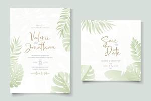 design della carta di matrimonio estivo con ornamento di foglie tropicali vettore