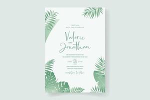 design della carta di matrimonio estivo con ornamento di foglie tropicali vettore