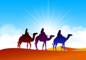gruppo di carovane di cammelli che cavalcano in realistiche ampie sabbie del deserto in medio oriente con una bella luce solare all'orizzonte. illustrazione vettoriale modificabile
