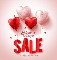 disegno vettoriale di vendita di San Valentino con palloncini a forma di cuore rosso su sfondo bianco per la promozione dello sconto per lo shopping della stagione di San Valentino. illustrazione vettoriale.