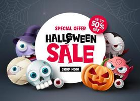 disegno della bandiera di vendita di halloween. testo di sconto offerta speciale di halloween con carattere carino spaventoso e spettrale per lo sfondo della pubblicità dello shopping natalizio. illustrazione vettoriale